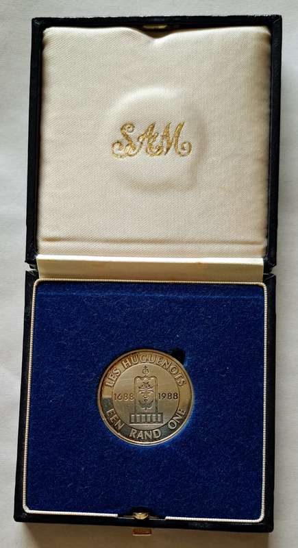 1988 SILVER ONE RAND** HUGENOTE PROOF** IN S.A. MINT BOX.