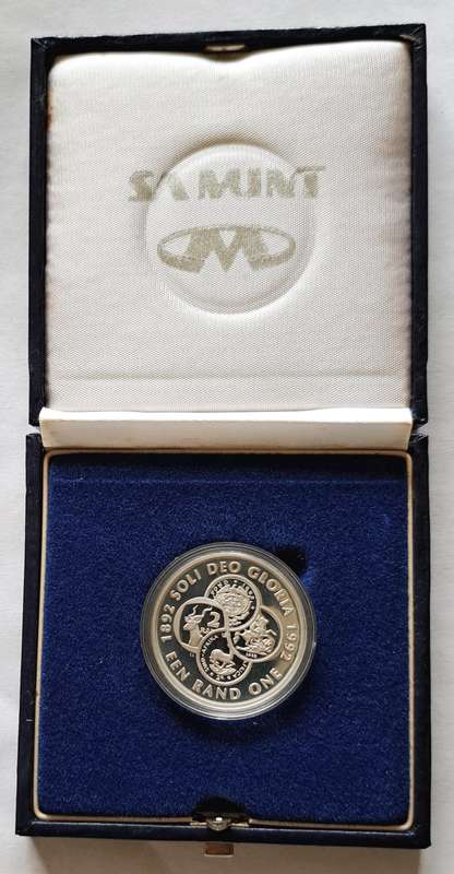 1992 SILVER ONE RAND **SOLI DEO GLORIA** COINAGE **PROOF** IN S.A. MINT BOX