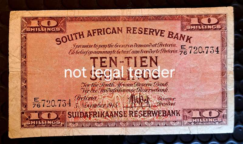 SOUTH AFRICA TEN/TIEN SHILLINGS BANK NOTE E76 720,734..