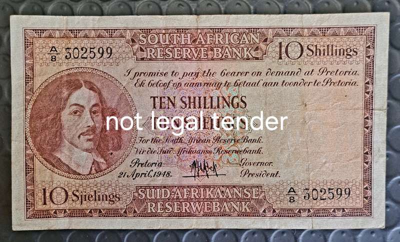 SOUTH AFRICA TEN SHILLINGS NOTE.**21 APRIL 1948** A8 302599.