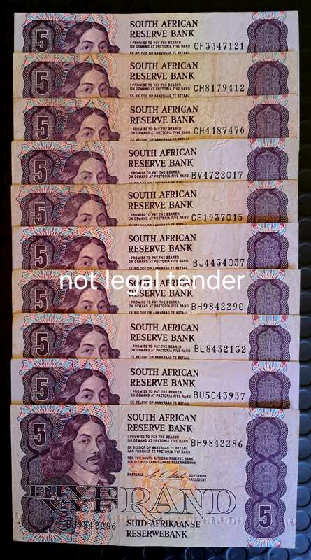 10× CHRIS STALS R5 BANKNOTES 08-08-1989 TO 07-08-1999. VAN RIEBEECK WTM.