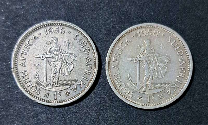 **SOUTH AFRICA** 2 X 1 SHILLING COINS** 1958 / 1956 /**SILVER COINS**.