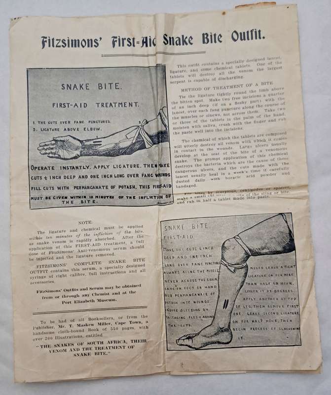 VINTAGE FITZSIMONS SNAKE BITE KIT FIRST-AID OUTFIT 1959 - 1964 SERUMS & INSTRUCTIONS.