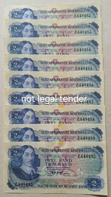 9 × TW DE JONGH R2 BANKNOTES IN SERIAL NUMBER SEQUENCE ** D51** NEW* & SCARES **.