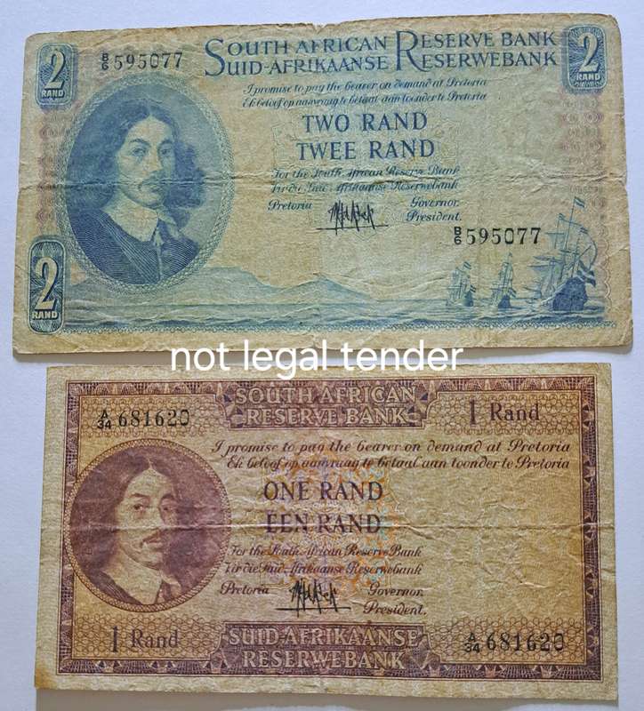 S.A. **ONE RAND** & **TWO RAND** BANK NOTES ** ( MH DE KOCK ).