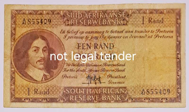 S.A. One Rand bank note. --A41 855409.--