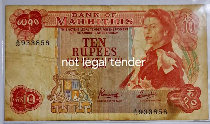 Bank of Mauritius Ten Rupees bank note  A22 933858