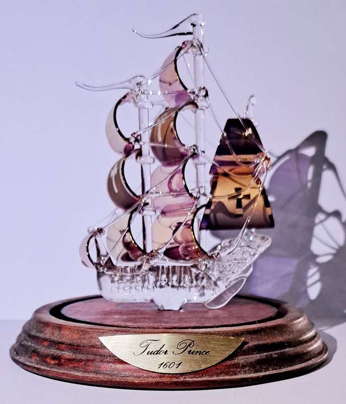 Vintage Tudor Prince Glass Galleon Ship in Dome Hand Blown Glass.