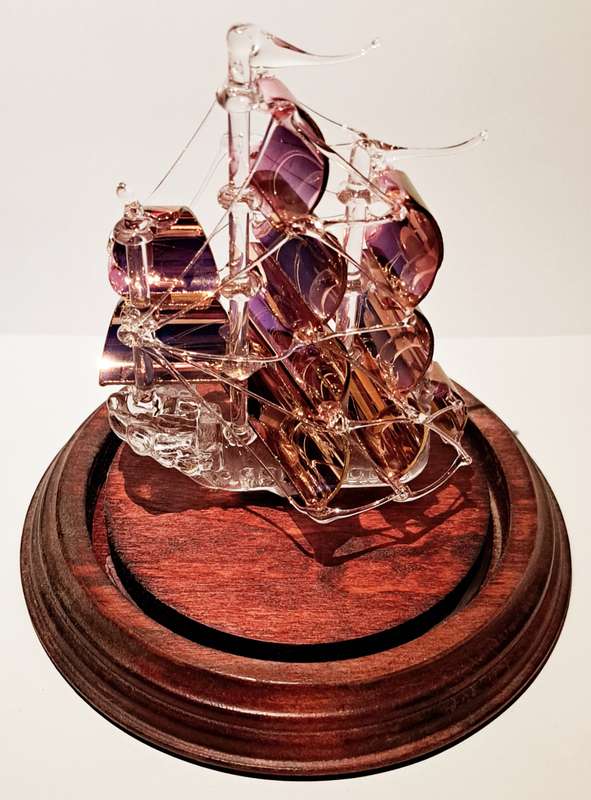 Vintage Tudor Prince Glass Galleon Ship in Dome Hand Blown Glass.
