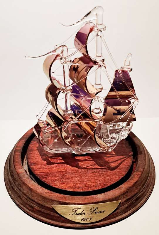 Vintage Tudor Prince Glass Galleon Ship in Dome Hand Blown Glass.