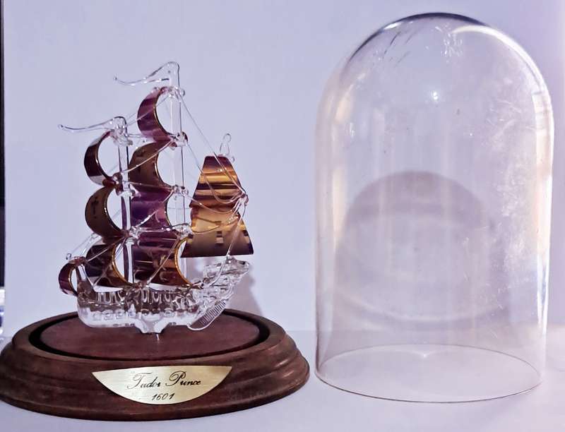 Vintage Tudor Prince Glass Galleon Ship in Dome Hand Blown Glass.