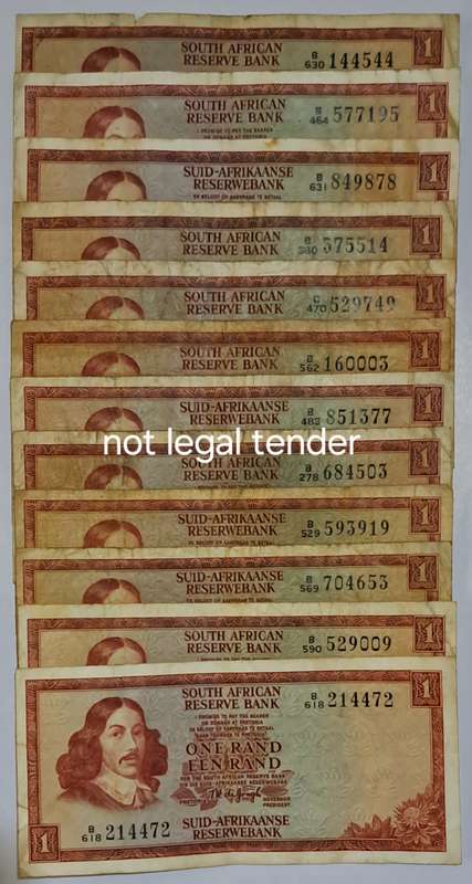 S.A.  12 One Rand bank notes  TW de Jongh.