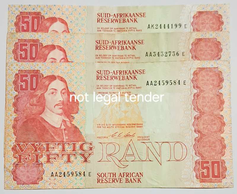 S.A. 3 Fifty Rand Bank Notes -- CL Stals --