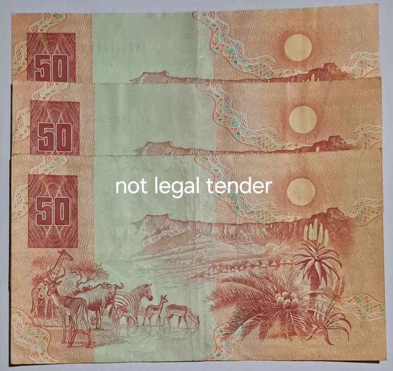 S.A. 3 Fifty Rand Bank Notes -- CL Stals --