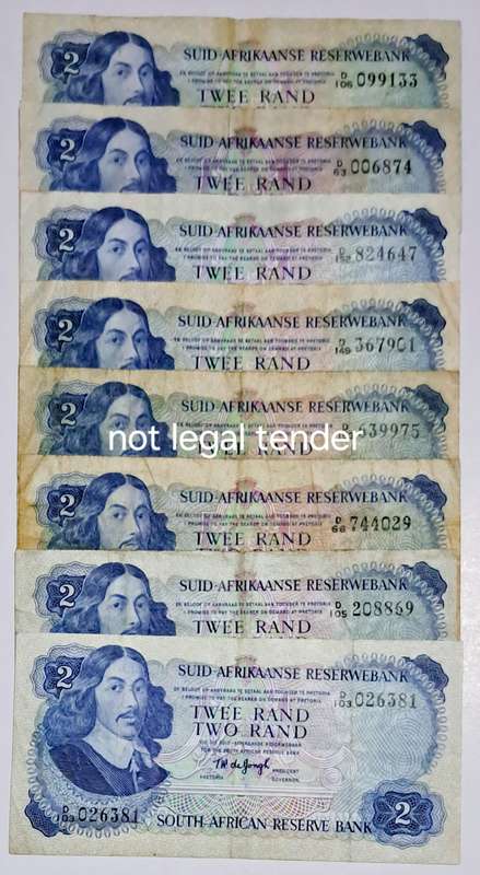 S.A. 8 Two Rand Bank Notes. - TW de Jongh - Scarce -
