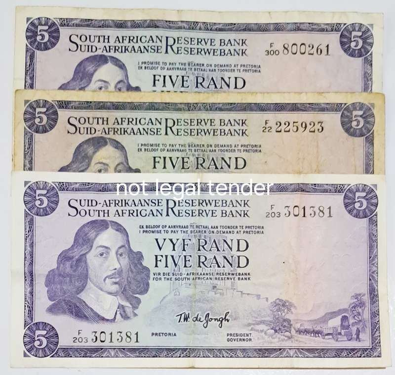 S.A. 3 Five Rand Bank Notes. - 2 TW de Jongh  & 1 G Rissik -