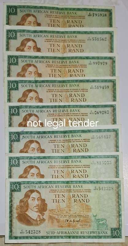 S.A. 8 Ten Rand Bank Notes  - TW de Jongh -
