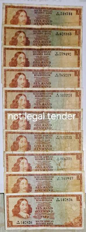 S.A. 10 One Rand Bank Notes - TW de Jongh -
