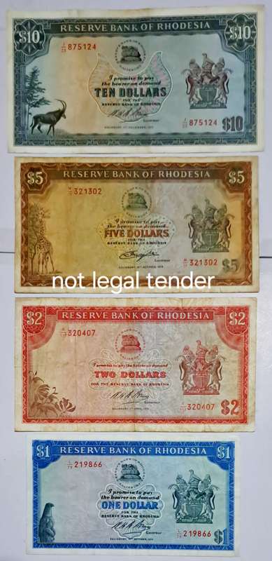 Bank of Rhodesia Full Set of Bank Notes --One Dollar-- To --Ten Dollars --4 Bank Notes--.