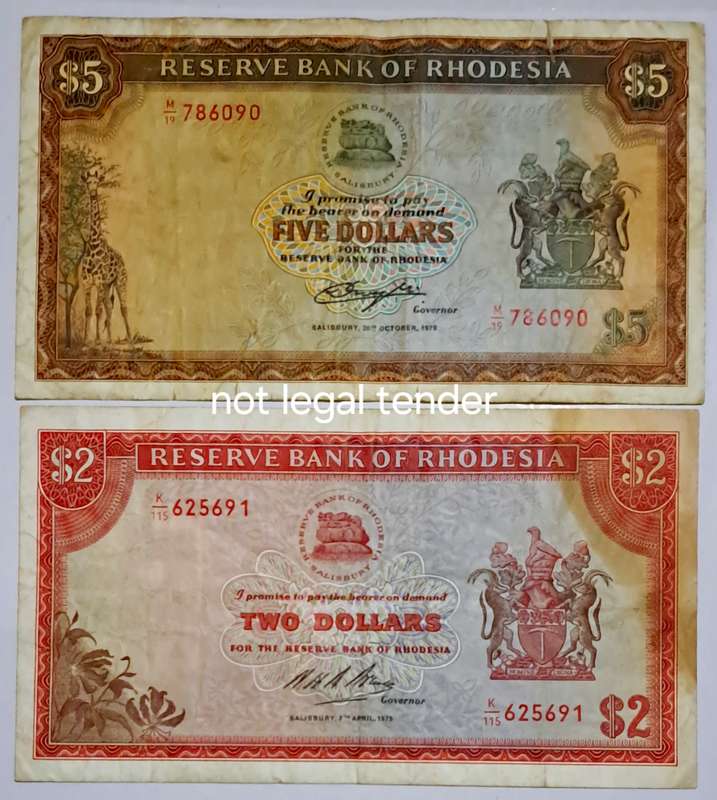 Bank of Rhodesia Set of 2 Notes . -- 5 Dollar & 2 Dollar.--