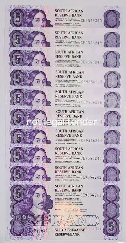 S.A. 10 Five Rand Bank Notes in Serail Number Sequence --CE 9556241 To CE 9556250 New UNC Notes.