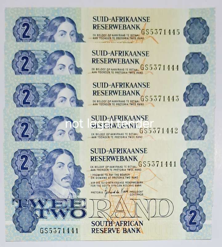 S.A. -5- Two Rand Bank Notes in Serail Number Sequence --GS-5371441 To GS- 5371445. NEW UNC Notes.