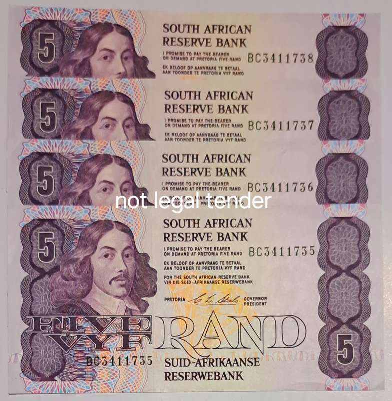 South Africa 4 Five Rand Bank Notes in Serail Number Sequence " BC 3411735 to BC 3411738" UNC Notes