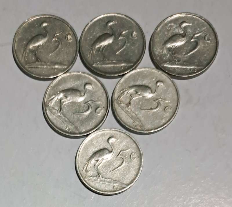 "6" S.A.- Five Cent Coins.--1971 - 1975 - 1977 - 1982 - 1983 - 1986 - .