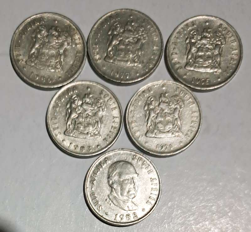 "6" S.A.- Five Cent Coins.--1971 - 1975 - 1977 - 1982 - 1983 - 1986 - .
