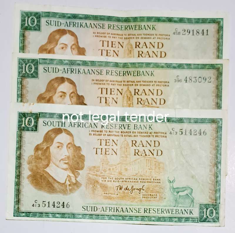 South Africa 3 Ten Rand Bank Notes " TW de Jongh " Scarce Notes "