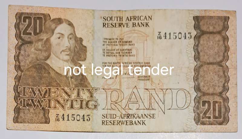 S.A. Twenty Rand Bank Note  "Z 16 415043" Replacement Note.