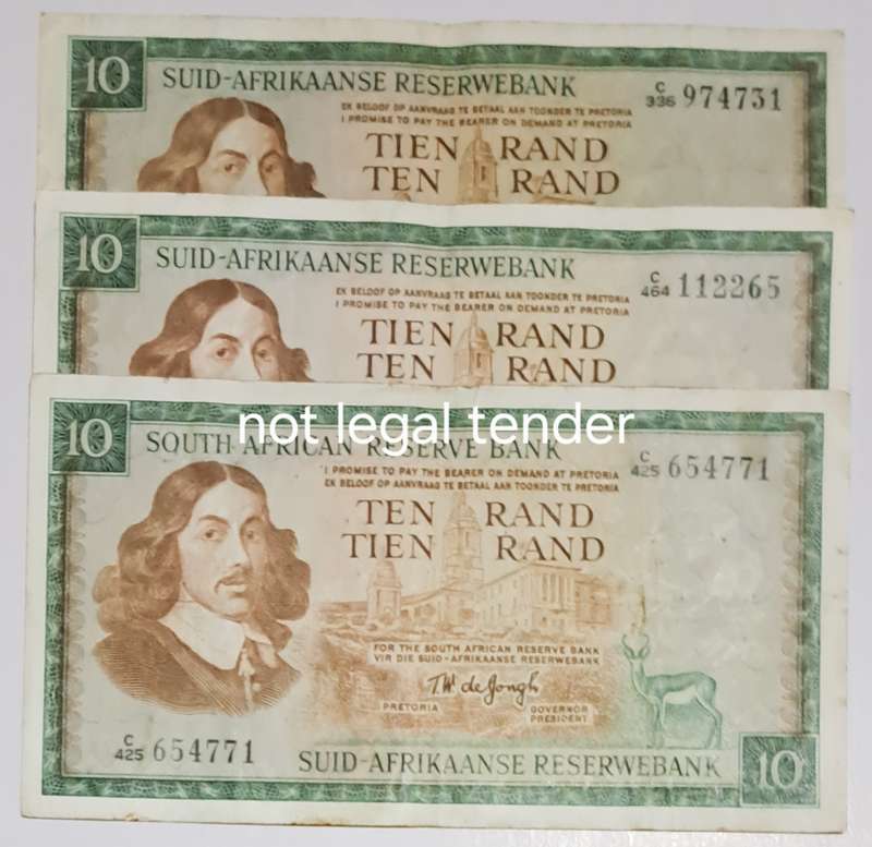 South Africa 3 Ten Rand Bank Notes " TW de Jongh " Scarce Notes "