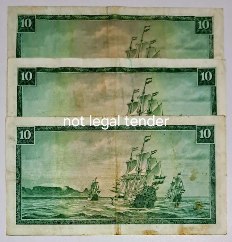 South Africa 3 Ten Rand Bank Notes " TW de Jongh " Scarce Notes "