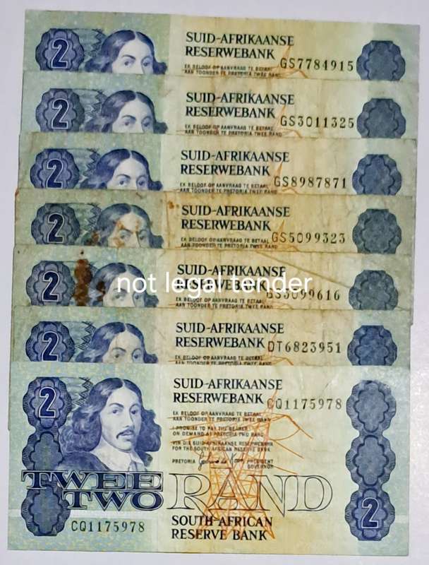 South Africa 7 Two Rand Bank Notes. " GPC de Kock "