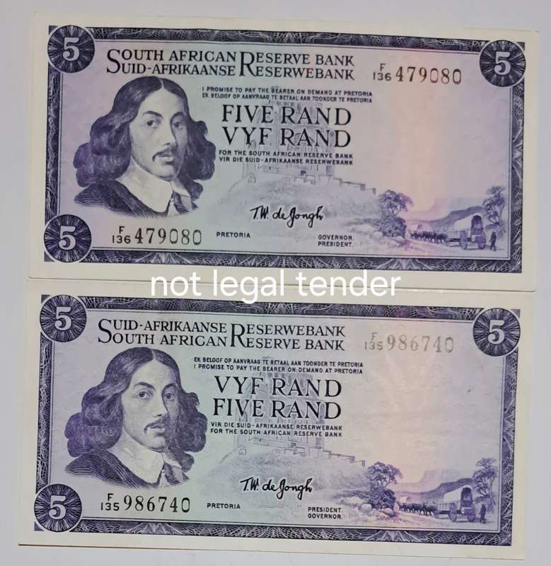 South Africa 2 Five Rand Bank Notes  "" TW de Jongh ""