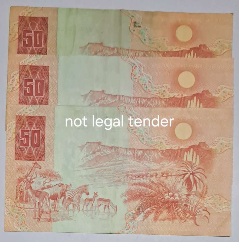 South Africa 3 Fifty Rand Bank Notes "" GPC  de Kock ""