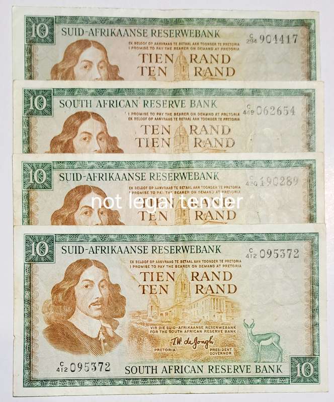 South Africa 4 Ten Rand Bank Notes. " TW de Jongh " Scarce Notes". "Good Condition"