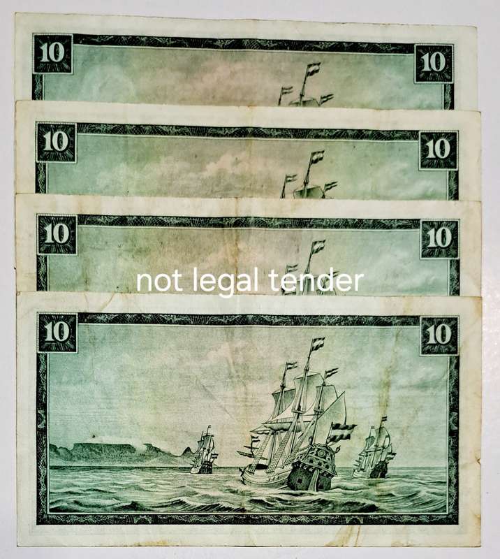 South Africa 4 Ten Rand Bank Notes. " TW de Jongh " Scarce Notes". "Good Condition"