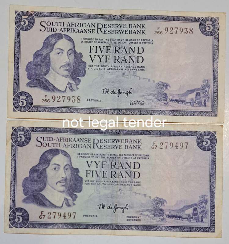 South Africa 2 Five Rand Bank Notes  " TW de Jongh " Scarce " Good Condition "