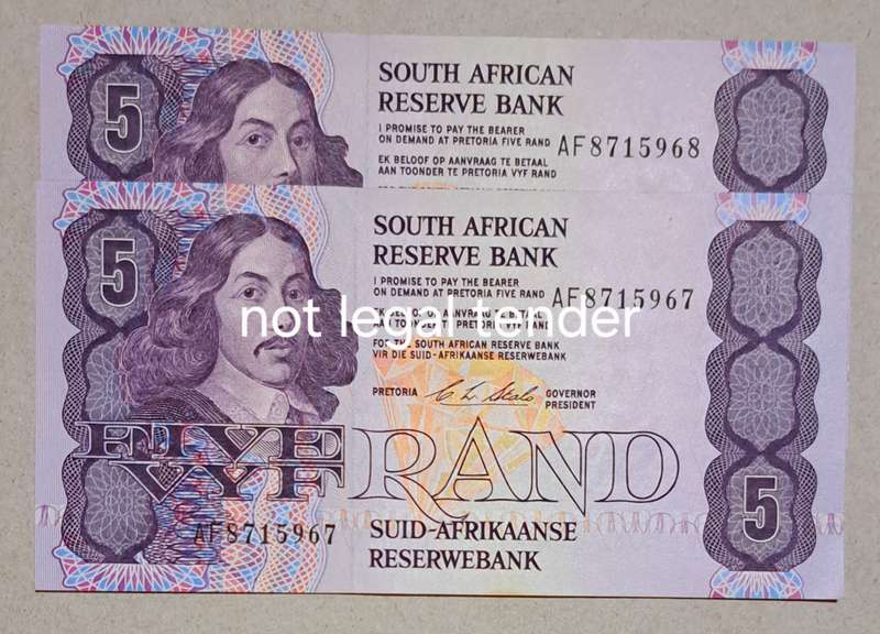 2 South Africa Five Rand Bank Notes in Serail Number Sequence  ' AF-8715967 to AF-8715968 New notes
