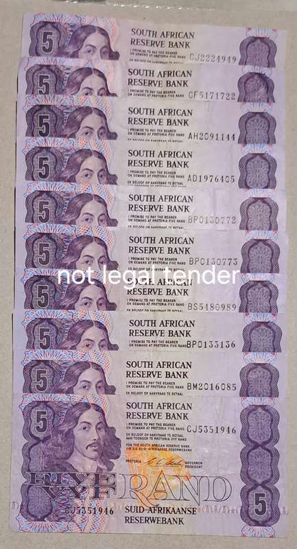 10 South Africa Five Rand Bank Notes " CL Stals " Higher Grades "