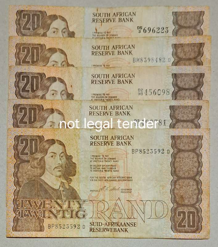 5 South Africa Twenty Rand Bank Notes " GPC de Kock & Stals "