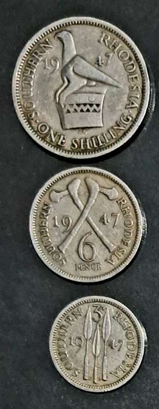 Southern Rhodesia 3 Coins  --one shilling - sixpence --  Threepence coins." Good Condition."