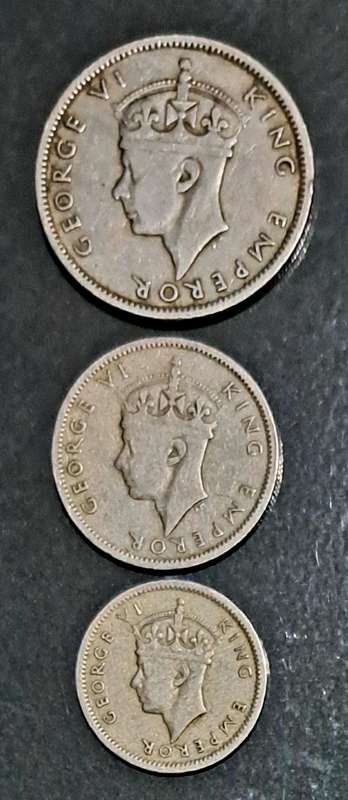Southern Rhodesia 3 Coins  --one shilling - sixpence --  Threepence coins." Good Condition."