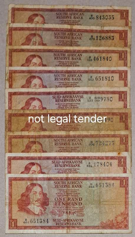 South Africa 9 One Rand Bank Notes " TW de Jongh "
