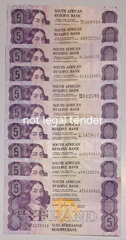 10 South Africa Five Rand Bank Notes  " GPS de Kock " Higher Grades "