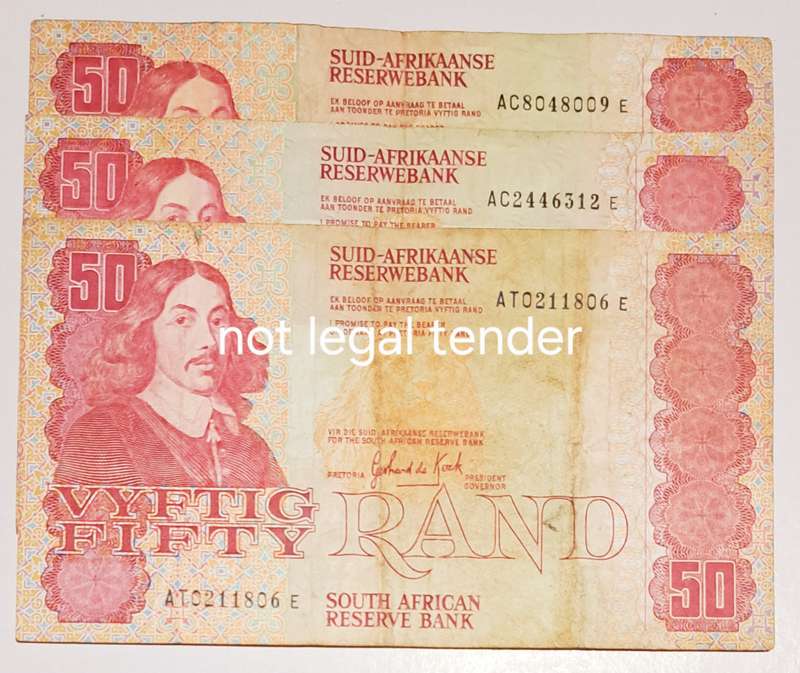 3 Fifty Rand Bank Notes "GDP de Kock "Good Condition"