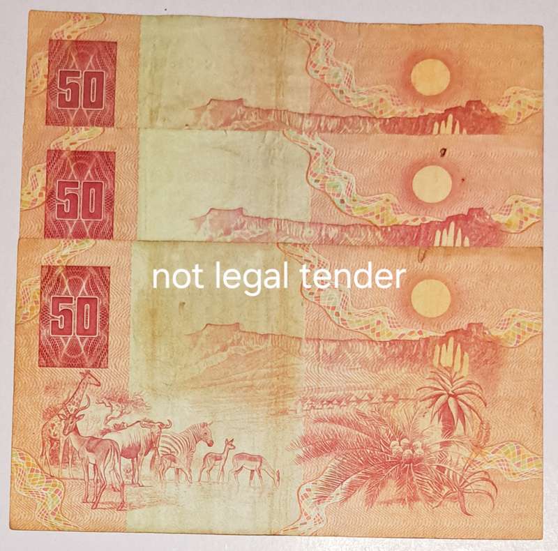 3 Fifty Rand Bank Notes "GDP de Kock "Good Condition"