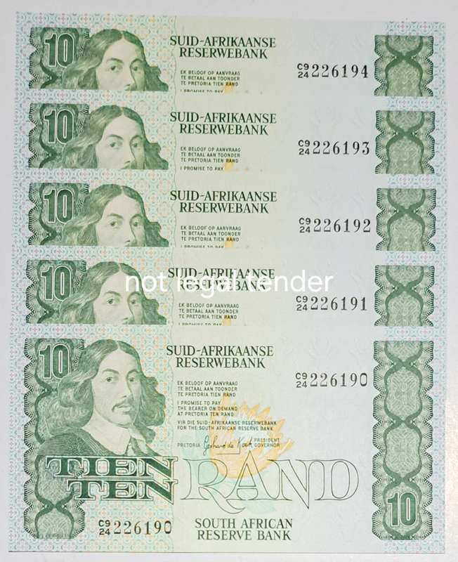 5 South Africa Ten Rand Bank Notes in Serail Number Sequence C924 226190 To C924 226194.New Notes.