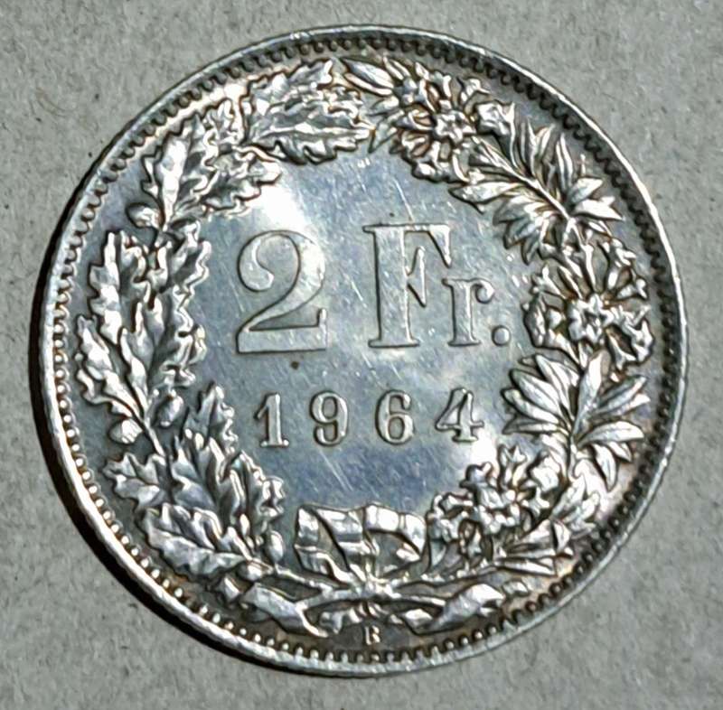 Switzerland : Silver 2 Frank's " 1964 " Unc " New " Silver coin" Great Coin "